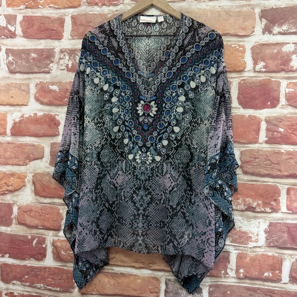 Belle Kim Gravel  Top Women's XL Boho Snakeskin Jewel Print Kimono Sheer Shirt - Picture 3 of 10